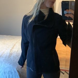 Black Lululemon jacket rain coat with front zip, pockets and funky collar.